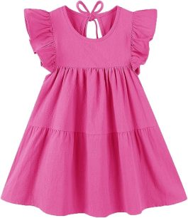 Kids Girls Dress Cotton Ruffle Sleeve Tiered Swing Casual Summer Dresses